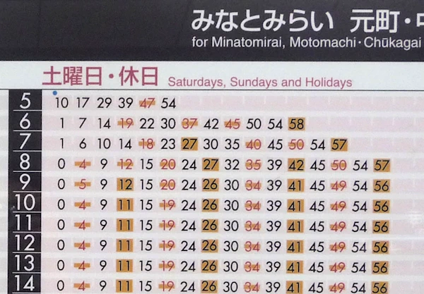 Stem-and-leaf time tables in Japanese train station