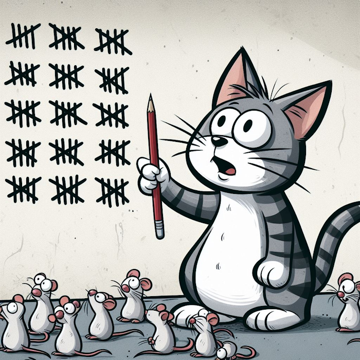 Cat using tally marks to report the passage of mice caught