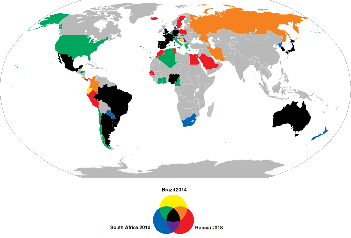 Countries qualified for the 2010, 2014 and 2018 FIFA World Cups