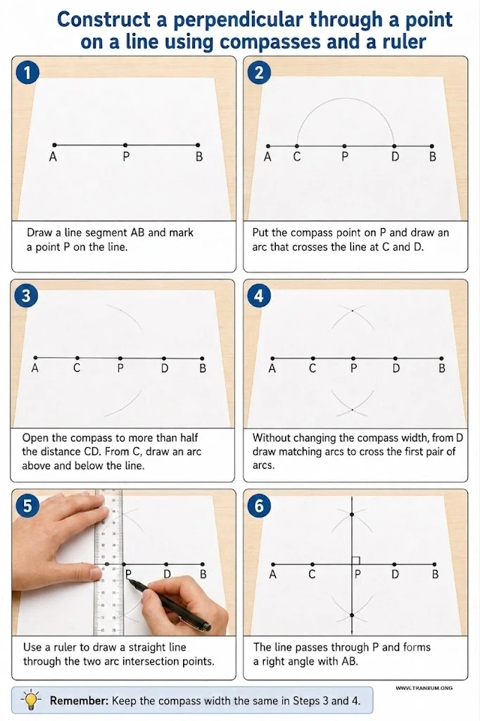 Step-by-step instructions for drawing the perpendicular from a point on the line.
